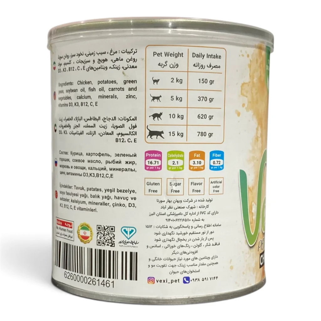 جدول ترکیبات کنسرو گربه وکسی مرغ